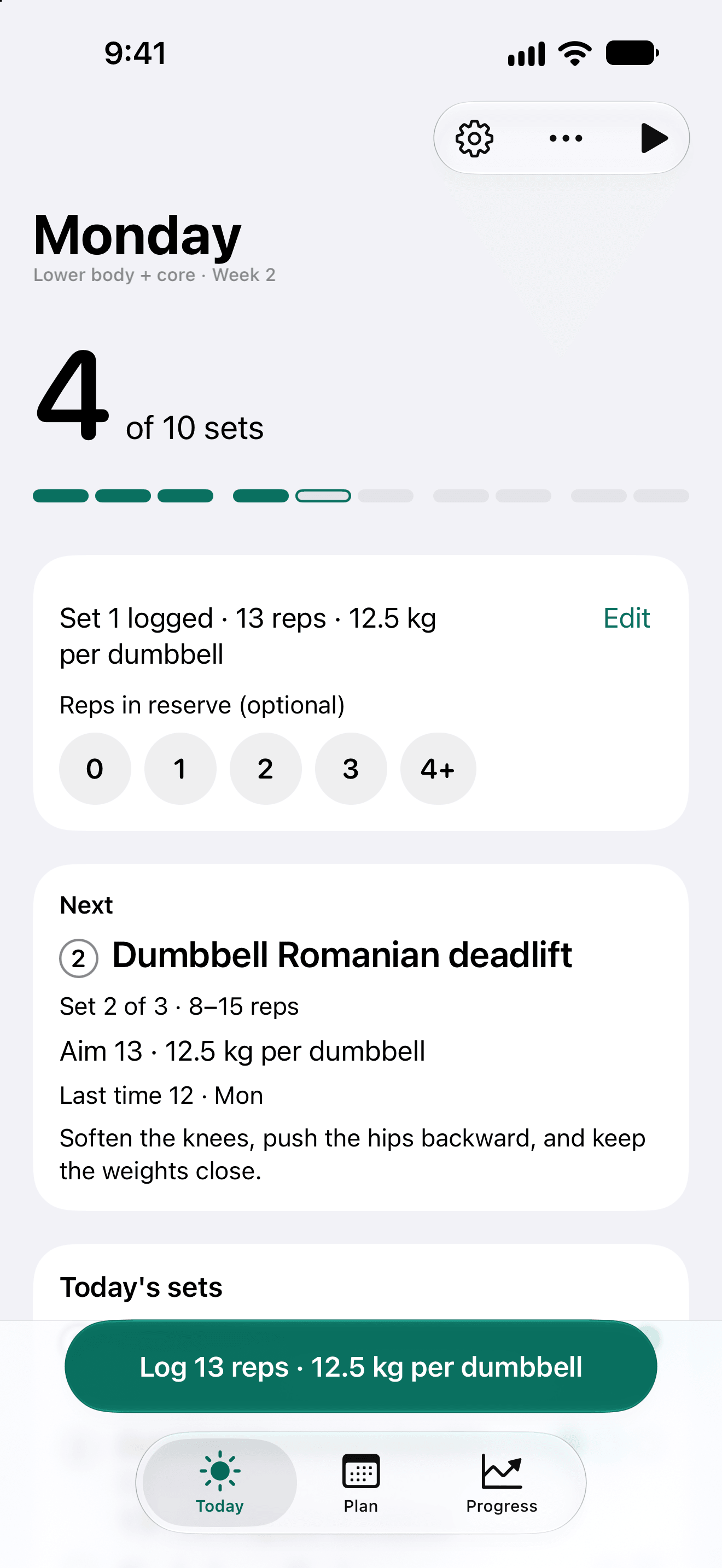 Setbreak's Today screen with sample data: 4 of 10 sets done, the set just logged, and the next set, a dumbbell Romanian deadlift.