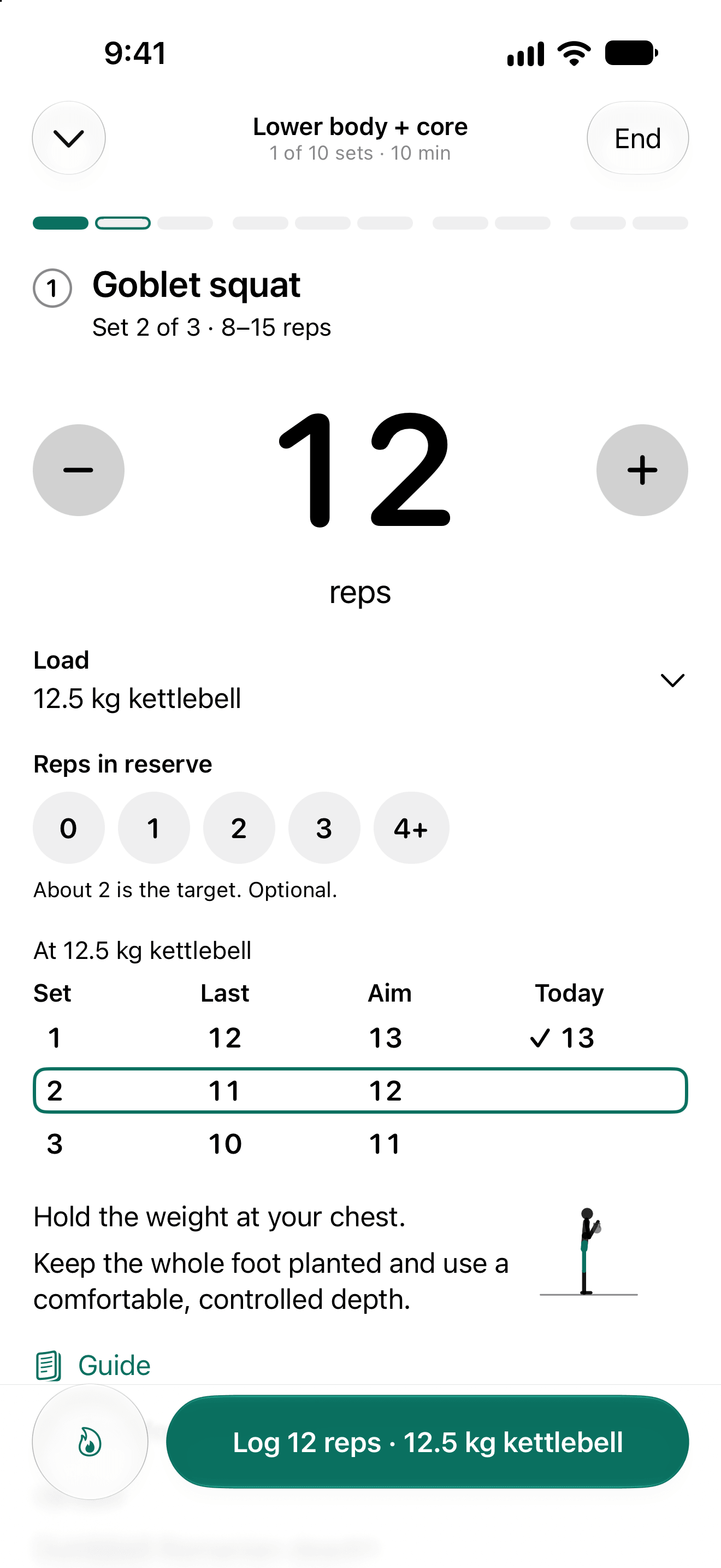 A guided session in Setbreak with sample data: goblet squat, set 2 of 3, 12 reps at 12.5 kg, with last time and today's aim.