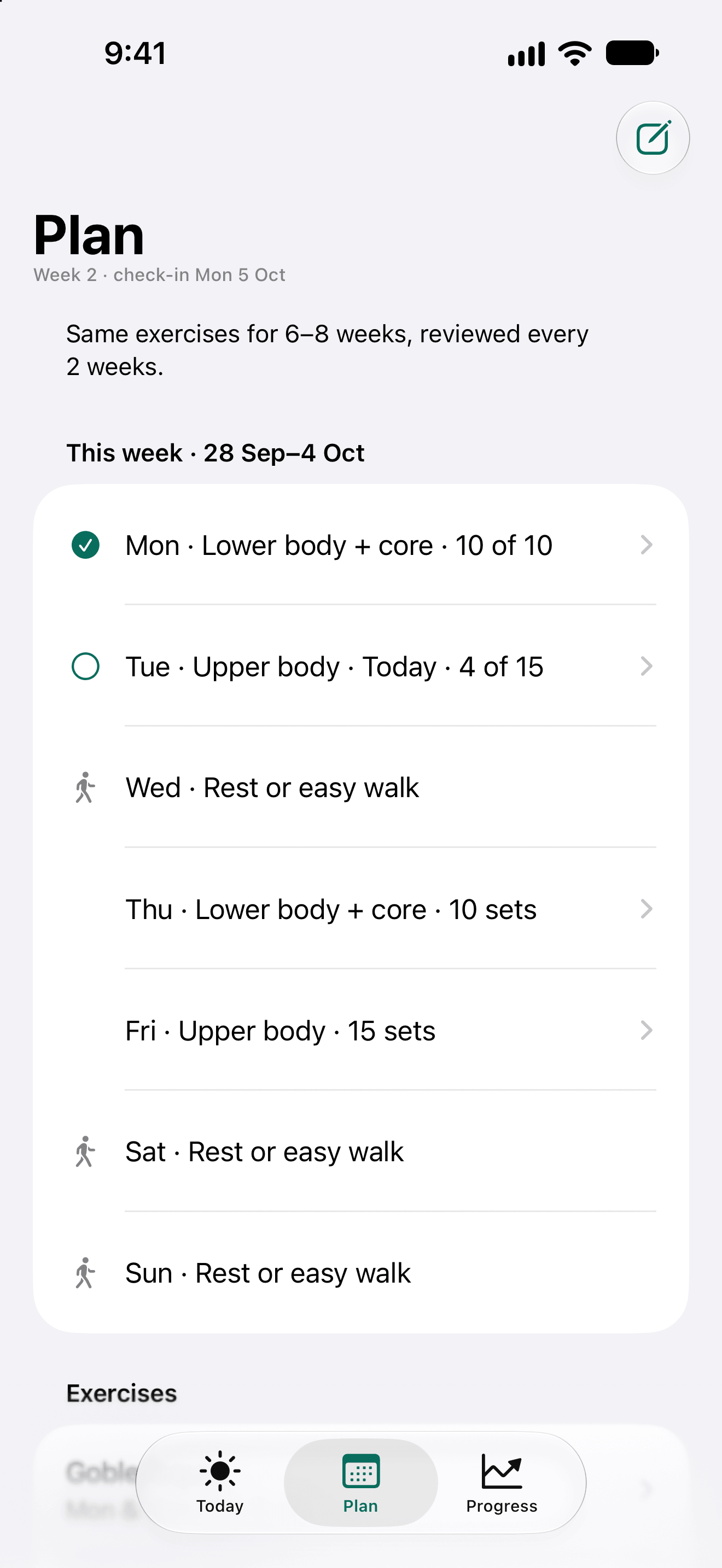 Setbreak's plan with sample data: the training week, with lower-body, upper-body and rest days.