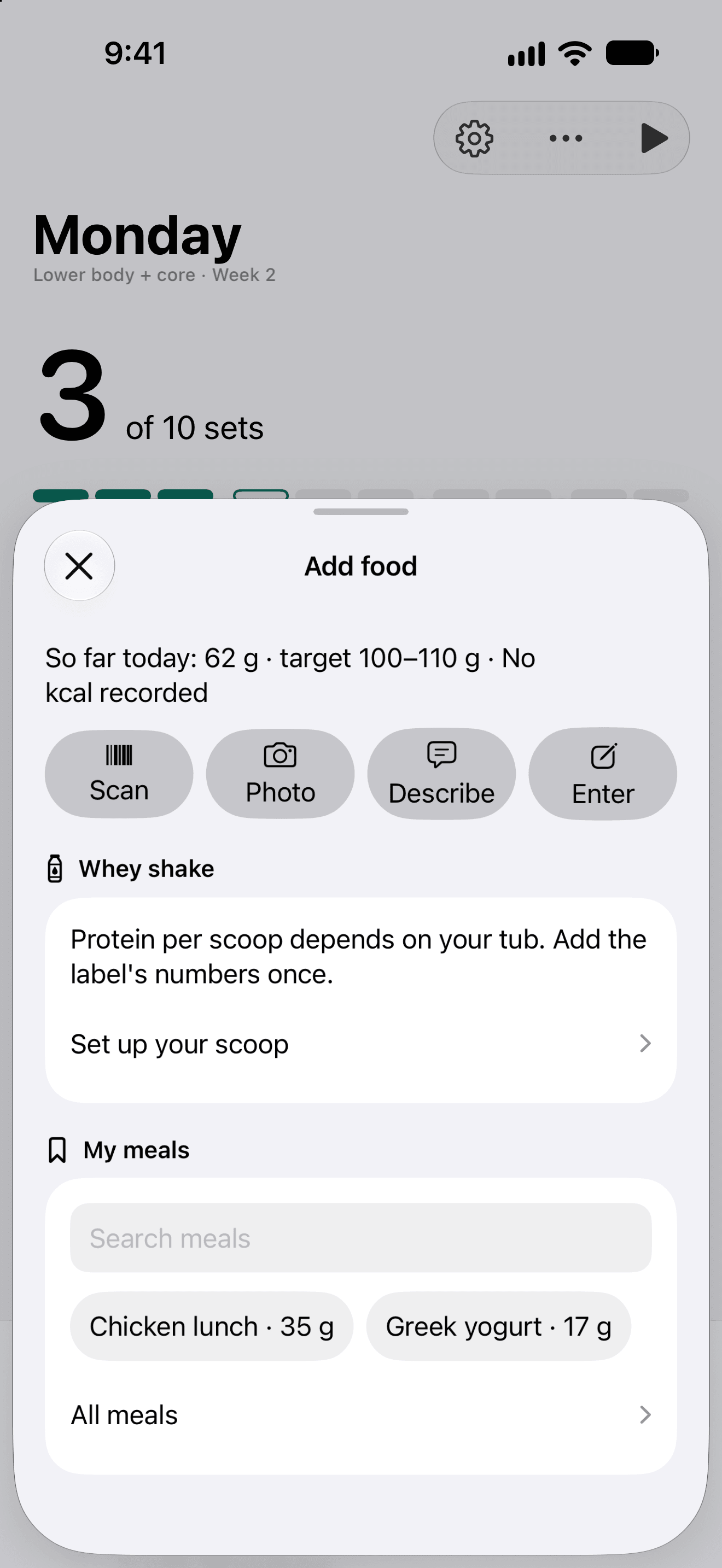 Setbreak's Add food sheet with sample data: protein so far today, scan, photo, describe and enter, and saved meals.